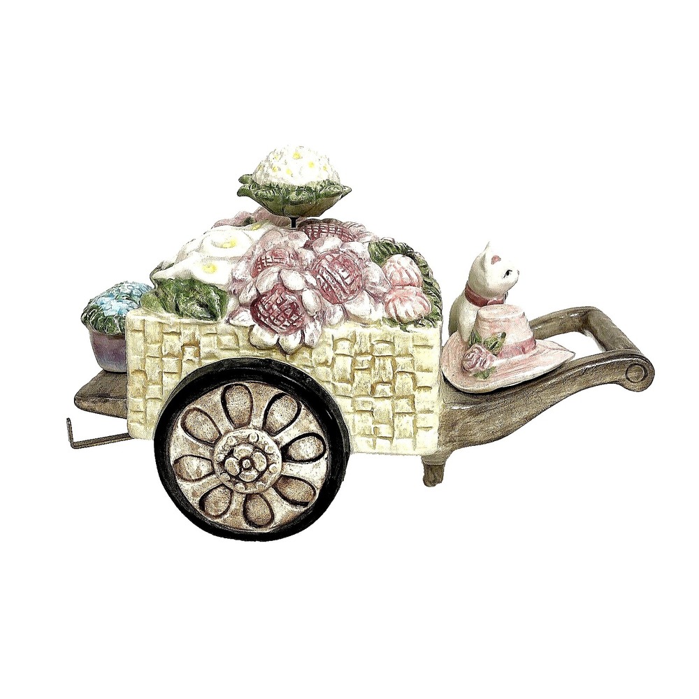 Vtg Schmid Ceramic Music Box Waltz of The Flowers Cat‎ Wheelbarrow Cottage Works